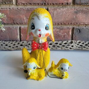 RARE Arnart Yellow Sugar Texture Ceramic Lamb w/ Bowtie & Babies Figurine